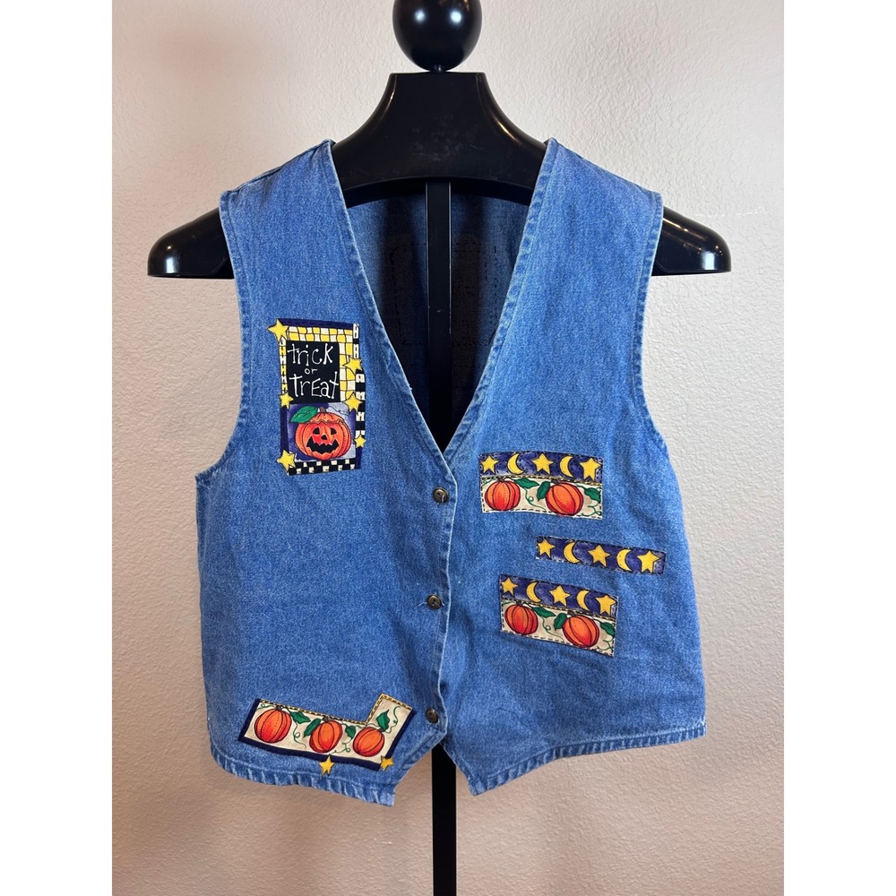 Kevin G Sportswear Vintage Halloween Denim Vest Medium Blue Pumpkin Patch Cat